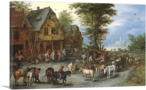 Village Landscape With Horses Carts Figures Before Cottages