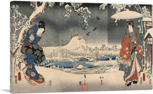 Snowy Landscape With a Woman Brandishing a Broom and a Man Holding an Umbrella