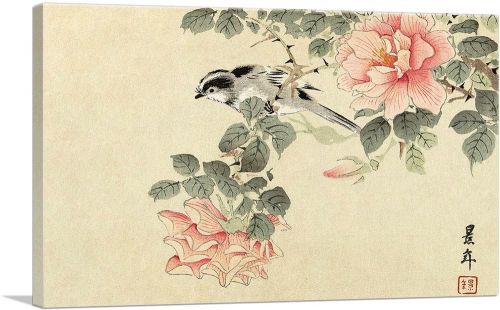 Black And White Bird Among Pink Roses 1892
