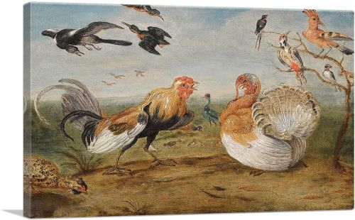 Landscape With Cockerel Turkey Squabbling And Other Fowl