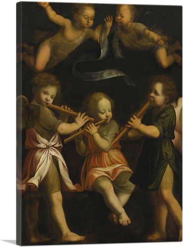 Three Flute Playing Angels With Two Putti Flight Above