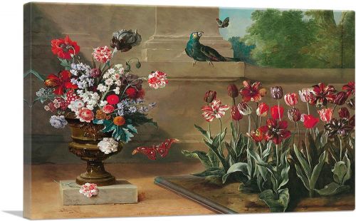 Vase Of Flowers With a Bed Of Tulips a Parrot And Moths 1744
