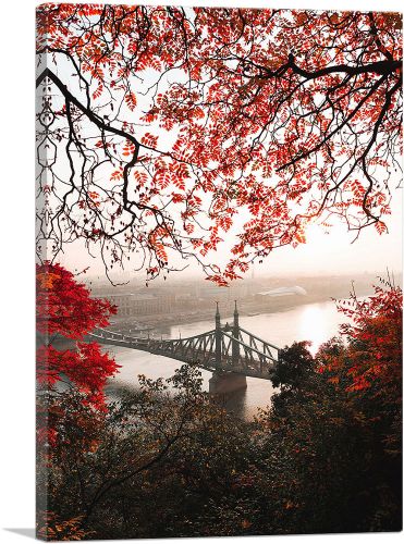 Liberty Bridge through Red Autumn Leaves Budapest Hungary