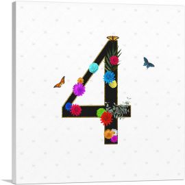 Flower Plant Butterfly Alphabet  Number 4 Four Numeral-1-Panel-36x36x1.5 Thick