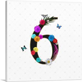 Flower Plant Butterfly Alphabet  Number 6 Six Numeral-1-Panel-12x12x1.5 Thick