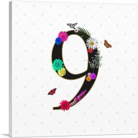 Flower Plant Butterfly Alphabet  Number 9 Nine Numeral-1-Panel-36x36x1.5 Thick
