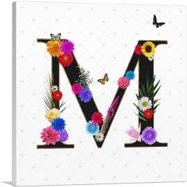 Flower Plant Butterfly Alphabet Letter M-1-Panel-12x12x1.5 Thick