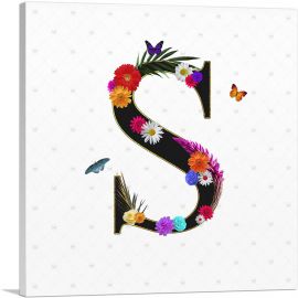 Flower Plant Butterfly Alphabet Letter S-1-Panel-12x12x1.5 Thick