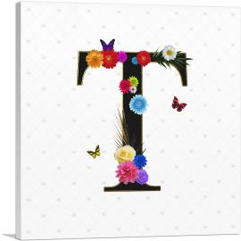 Flower Plant Butterfly Alphabet Letter T-1-Panel-18x18x1.5 Thick