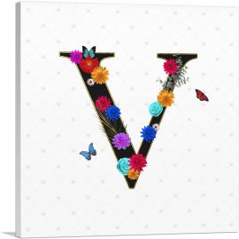 Flower Plant Butterfly Alphabet Letter V-1-Panel-12x12x1.5 Thick