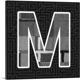 Modern Black White Alphabet Letter M-1-Panel-36x36x1.5 Thick