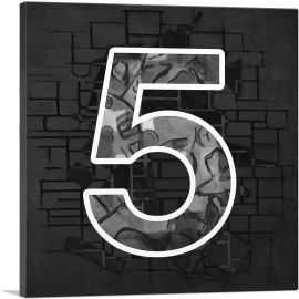 Modern Black White Alphabet Number 5 Five Numeral-1-Panel-18x18x1.5 Thick