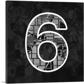 Modern Black White Alphabet Number 6 Six Numeral-1-Panel-12x12x1.5 Thick