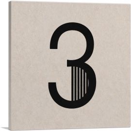 Beige Black Line Alphabet Number 3 Three Numeral-1-Panel-12x12x1.5 Thick