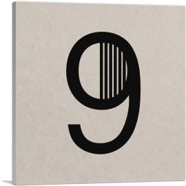 Beige Black Line Alphabet Number 9 Nine Numeral-1-Panel-18x18x1.5 Thick