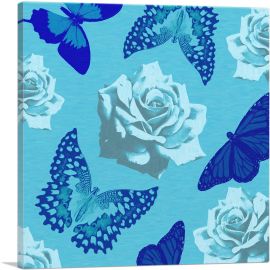 Navy Blue Butterfly Wings Insect White Roses-1-Panel-36x36x1.5 Thick