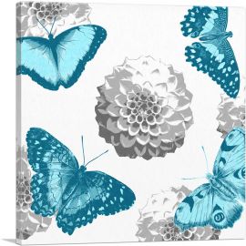 Teal Butterfly Wings Insect White Flowers-1-Panel-36x36x1.5 Thick