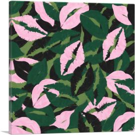 Army Green Pink Black Camo Camouflage Lips Kiss Pattern-1-Panel-12x12x1.5 Thick