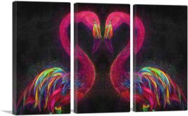 Two Pink Flamingos Birds Love Lovers Heart-3-Panels-90x60x1.5 Thick