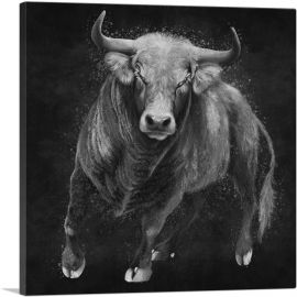 Bull Cattle Steer Animal Black White-1-Panel-18x18x1.5 Thick