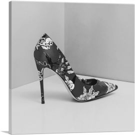 Black White Modern High Heels Shoe Stiletto Flower Pattern-1-Panel-36x36x1.5 Thick