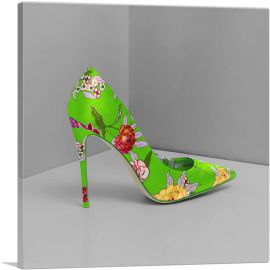 Green Modern High Heels Shoe Stiletto Flower Pattern-1-Panel-18x18x1.5 Thick