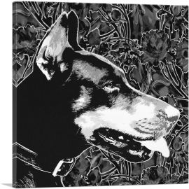 Doberman Dog Breed Black White Floral Pattern-1-Panel-26x26x.75 Thick