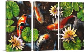 Koi Carp Fish Asia Pond Water Lilies-3-Panels-90x60x1.5 Thick
