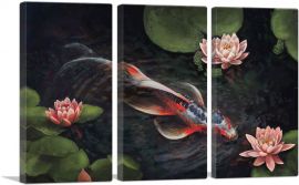 Red Koi Carp Fish Lotus Flower Pond Leaves-3-Panels-90x60x1.5 Thick