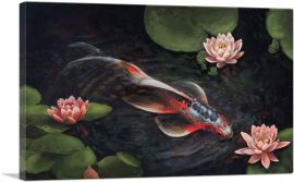Red Koi Carp Fish Lotus Flower Pond Leaves-1-Panel-40x26x1.5 Thick