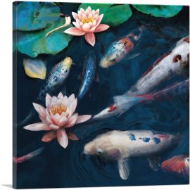 Red White Koi Carp Fish Pond Leaves Lotus Flower-1-Panel-18x18x1.5 Thick