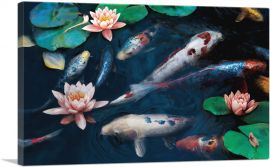 Red White Koi Carp Fish Pond Leaves Lotus Flowers-1-Panel-60x40x1.5 Thick