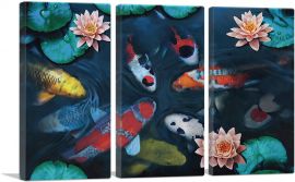 Gold Red Koi Carp Fish Pond Leaves Lotus Flower-3-Panels-60x40x1.5 Thick