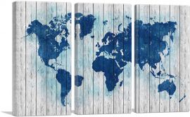 Navy Blue Gray World Map-3-Panels-90x60x1.5 Thick