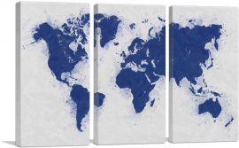 Navy Blue White World Map-3-Panels-60x40x1.5 Thick