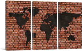Printed Brick Photo Black World Map Globe-3-Panels-60x40x1.5 Thick