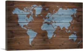 Rustic Dark Brown Printed Wood Baby Blue World Map-1-Panel-12x8x.75 Thick