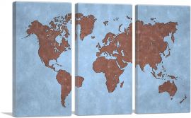 Baby Blue Brown World Map Globe-3-Panels-60x40x1.5 Thick