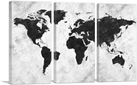 Black White World Map-3-Panels-60x40x1.5 Thick