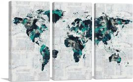 Green Gray Black World Map-3-Panels-90x60x1.5 Thick