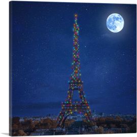 Paris France Eiffel Tower Christmas Holliday Lights Blue Night Sky-1-Panel-26x26x.75 Thick