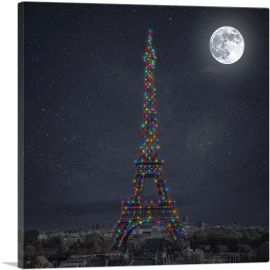 Paris France Eiffel Tower Christmas Holliday Lights Dark Night-1-Panel-12x12x1.5 Thick