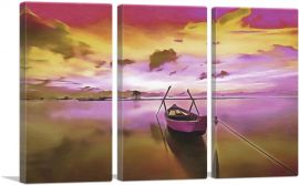 Boat On Pink River Painting Home decor-3-Panels-90x60x1.5 Thick