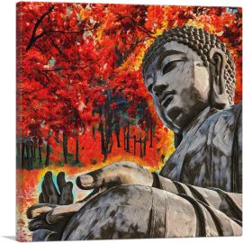 Buddhist Statue In Red Forest Home decor-1-Panel-18x18x1.5 Thick