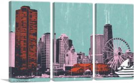 Chicago City Pop Art Painting Home Decor Rectangle-3-Panels-60x40x1.5 Thick