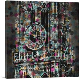 Clock Tower With Birds Colorful Painting Home decor-1-Panel-18x18x1.5 Thick