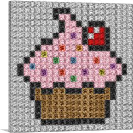 Pink Cupcake Emoticon Cake Cherry Jewel Pixel-1-Panel-12x12x1.5 Thick