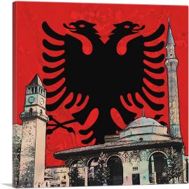 Et'hem Bey Mosque Clock Tower with Albanian Two-Headed Eagle Crest-1-Panel-12x12x1.5 Thick