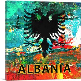 Flag of Albania Colorful Splatter Teal Orange-1-Panel-12x12x1.5 Thick