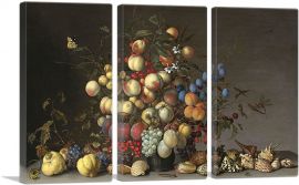 Peaches and Fruits in a Pewter Vase-3-Panels-60x40x1.5 Thick